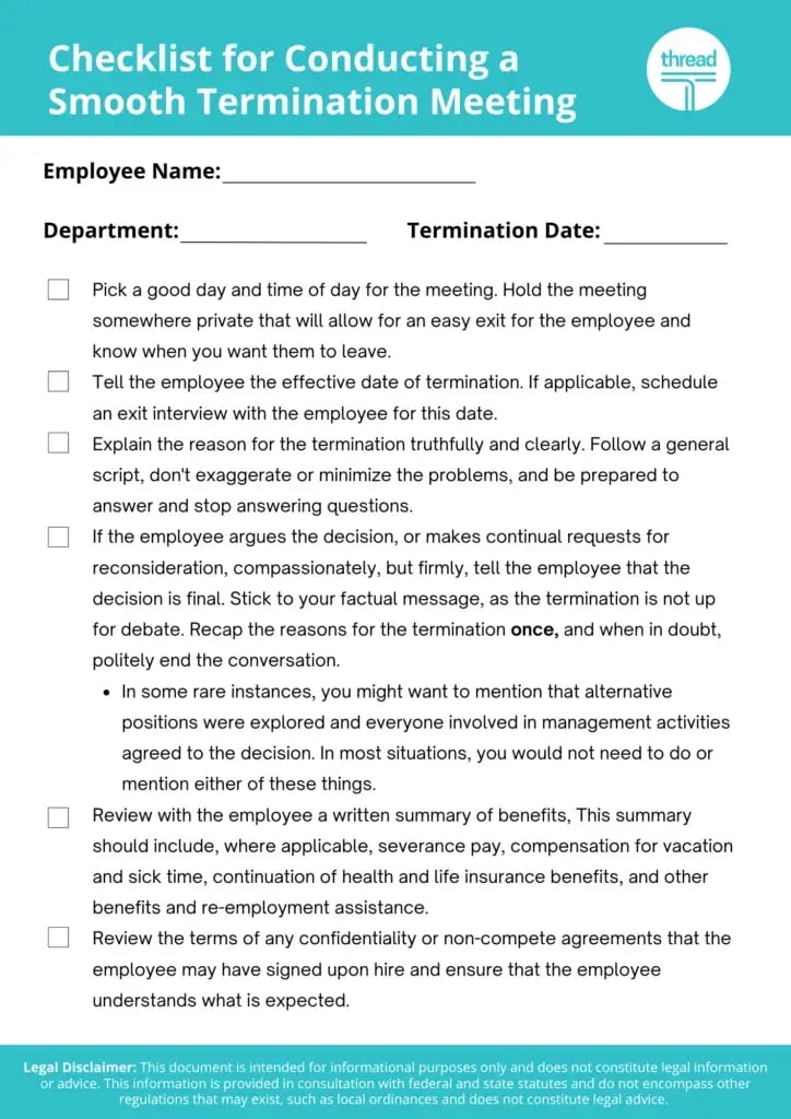 Checklist for condcuting a termination meeting