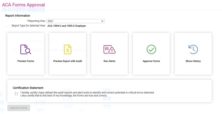 isolved screen ACA Forms Approval Approve Forms